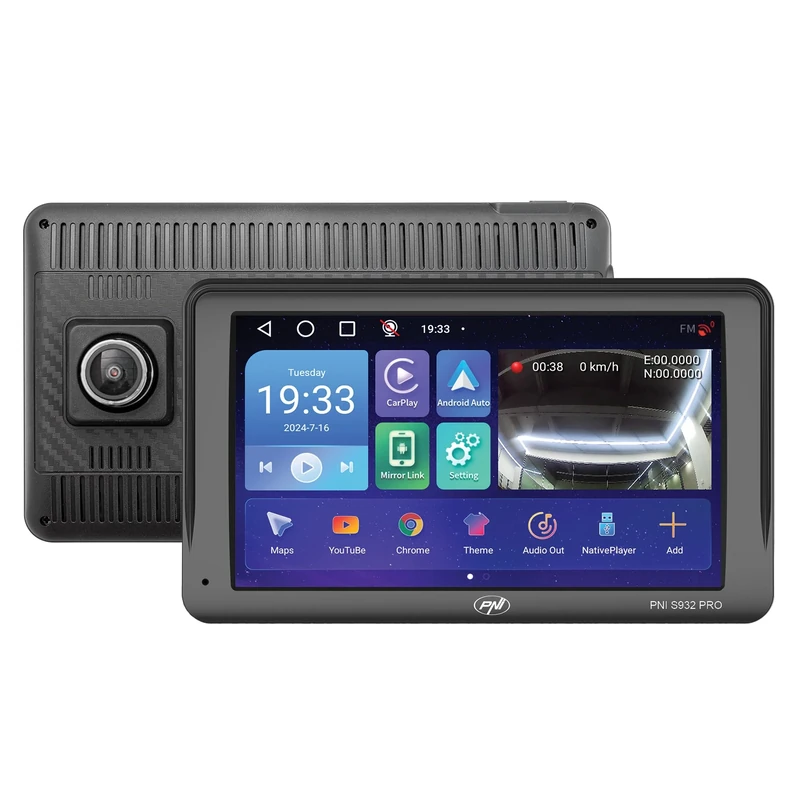 GPS navigation system with built-in DVR PNI S932 PRO 7 inch screen, 32 GB memory, 2GB DDR3 RAM, Android 13, FM transmitter, Mirror Link, Apple Carplay and Android Auto, rear view camera included