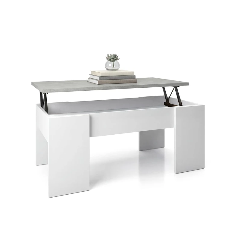 duehome | Lift-up Coffee Table, Living or Dining Table, Vita Model, White Finish Artik and Cement, Dimensions: 100 cm (L) x 50 cm (W) x 45-56 cm (H) - Image 1