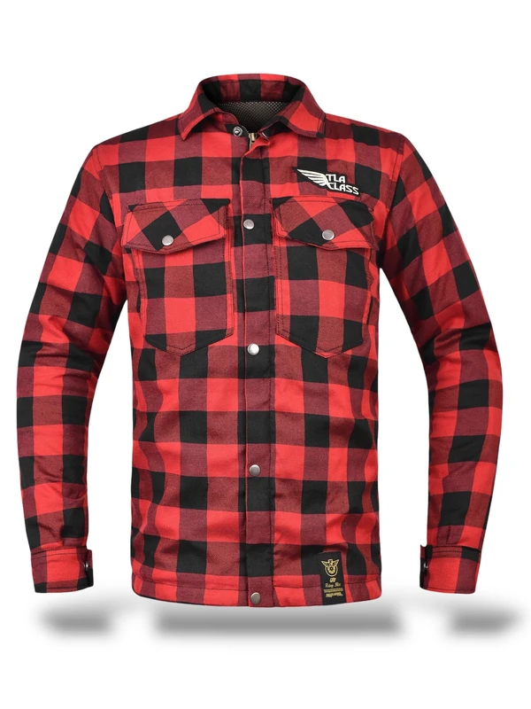 TLA Grid Motorcycle Shirt with Protection, Checkered Flannel Jacket with Aramid Reinforcements, Unisex for Men and Women, Vintage Motorcycle and Scooter Jacket with Zip and Buttons, Red, 3XL