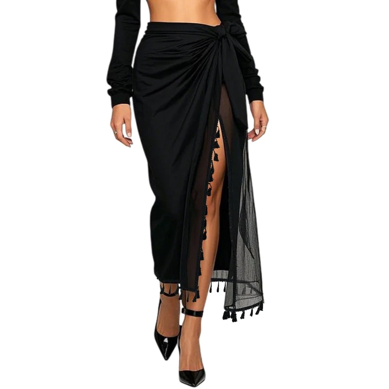 SAIIURV Womens Beach Pareos Beach Wrap for Women, Long Chiffon Swimsuit Cover Up, Swimsuit Wrap Skirts for Swimwear, Beach Coverups Chiffon Sarong Bikini Cover Up, Beachwear Bikini Shawl Tops (Black)