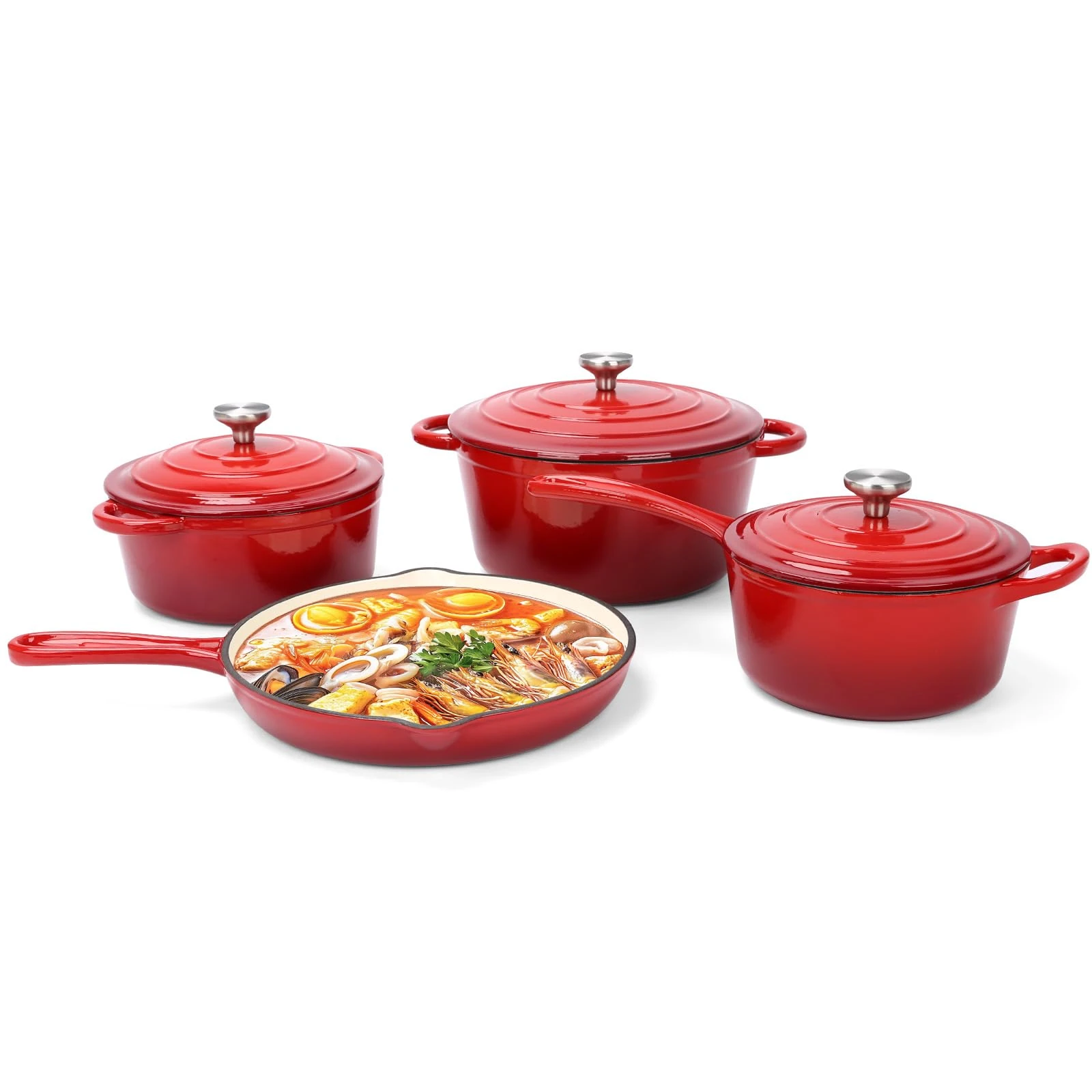 QuliMetal Nonstick Enameled Cast Iron Cookware Set, 7-Pcs Pots and Pans with Lid, Frying Pan Skillet, Sauce Pan, Healthy Round Dutch Oven Pot for Sourdough Bread Baking on All Stovetop, Rouge Red