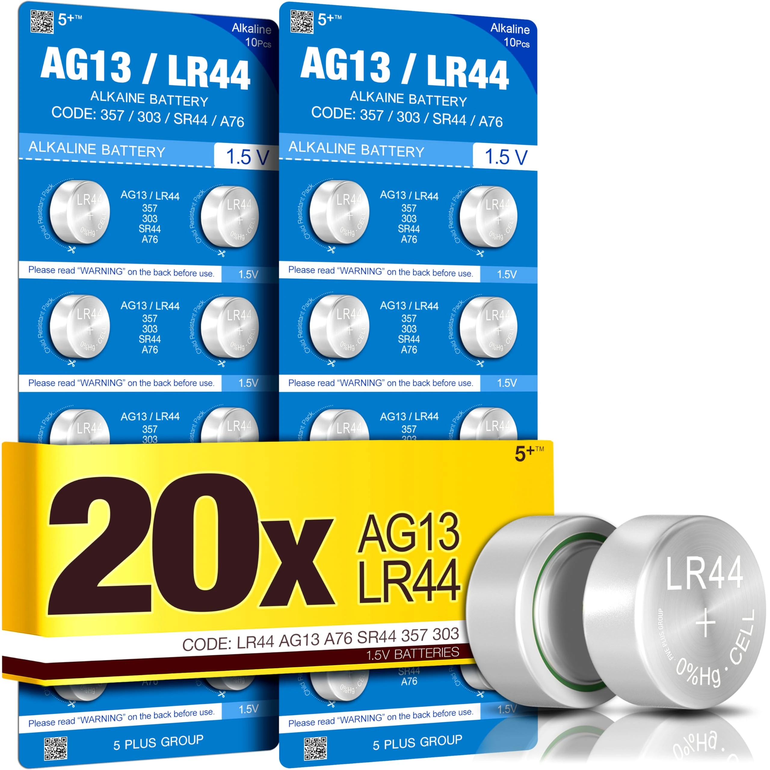 5Plus 20-Pack LR44 AG13 1.5V Alkaline Button Cell Batteries 357, SR44, A76, L1154F Compatible – High Capacity Battery for Watches, Key Fobs, Glucometers & More