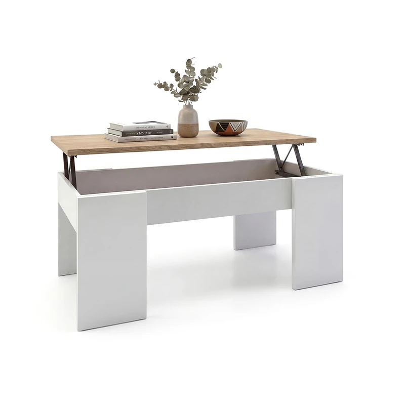 duehome | Lift-Up Coffee Table, Living or Dining Table, Vita Model, Finished in Artik White and Canadian Oak, Dimensions: 100 cm (L) x 50 cm (W) x 45-56 cm (H) - Image 1