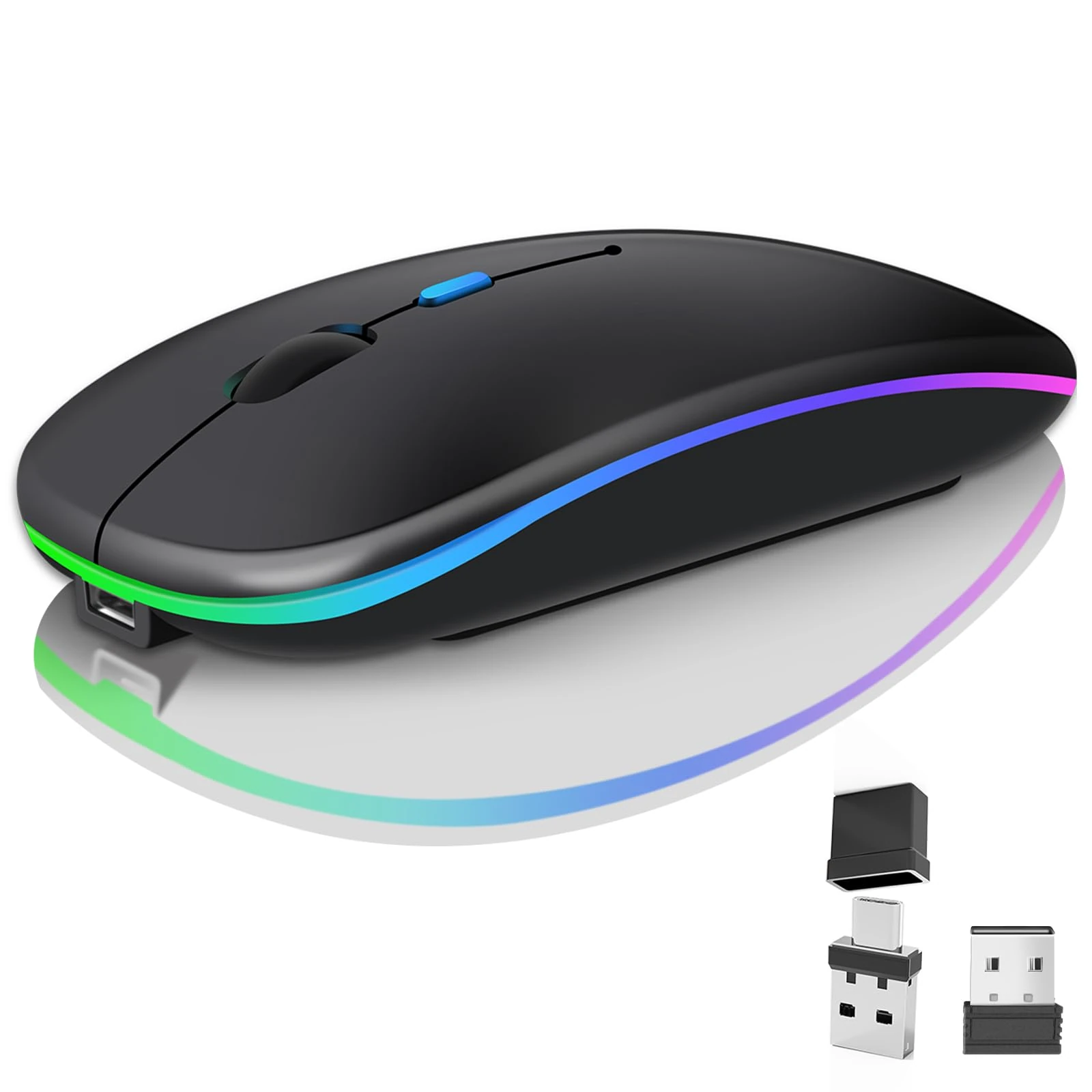 Wireless Bluetooth Mouse for Laptop, Rechargeale Computer Mouse 2.4GHz Optical (Bluetooth5.2+USB A+USB C) Dual Receivers Mice- 1600DPI LED Quiet Click for Apple MacBook Laptop Tablet PC Computer,Black