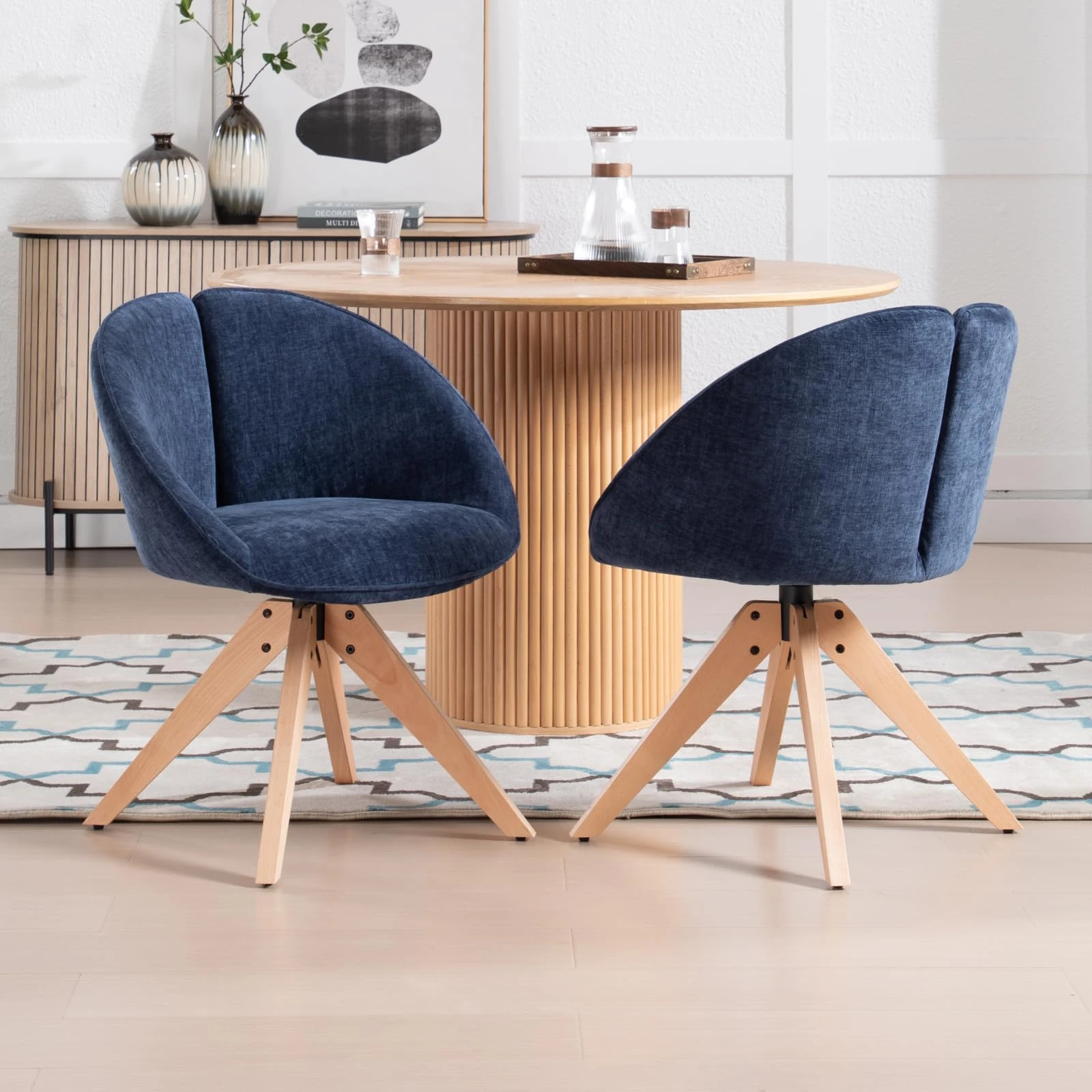 chaiurs Swivel Dining Chairs Set of 2 Chenille Kitchen Chairs with Wooden Lges, Upholstered Side Armchairs for Dining Room/Restaurant/Living Room, Blue