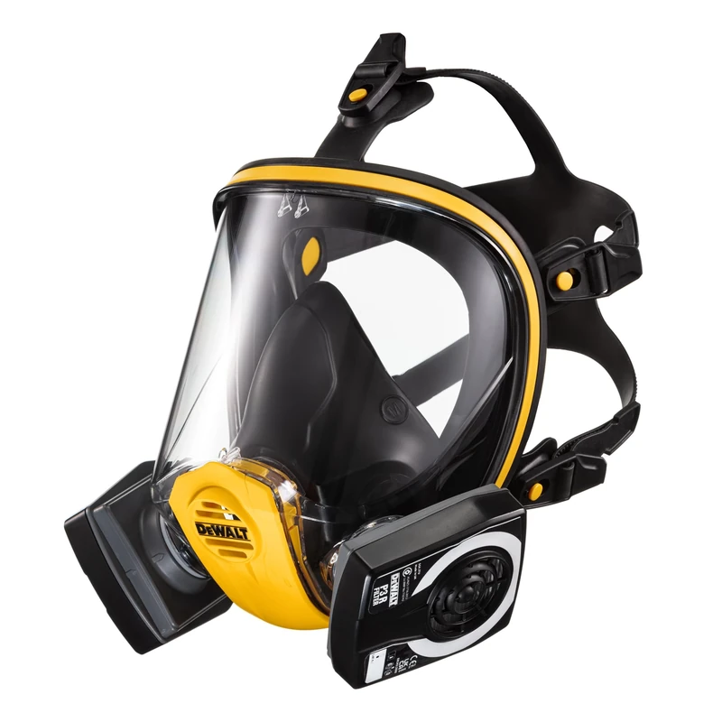 DEWALT reusable full face mask respirator (L) with P3 filters provides protection in workplaces from fine dust lead silica & MDF particles also EN166 to protect from debris