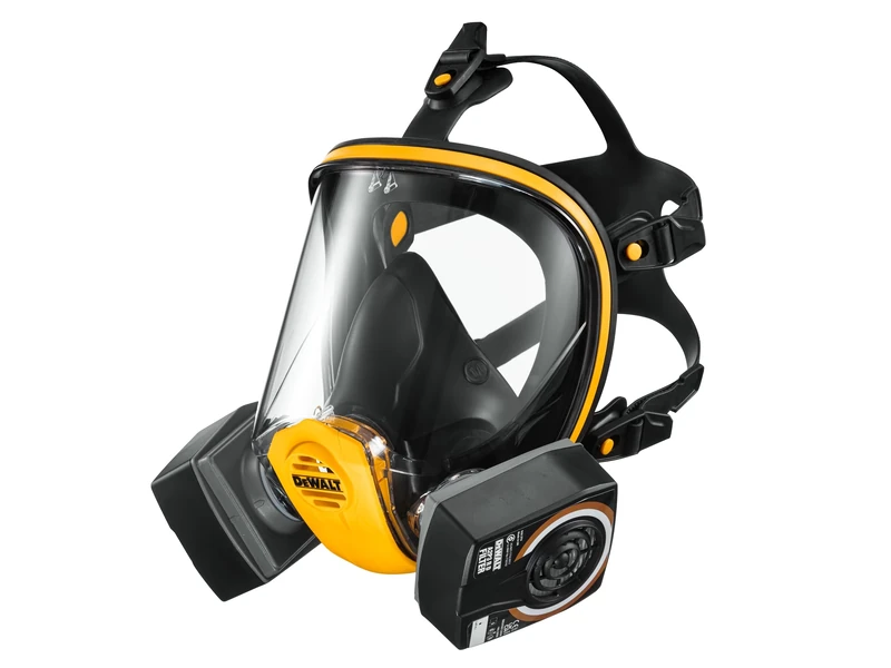 DEWALT reusable full face mask respirator (M) with A2P3 filters provides protection against organic gases and vapours as well as fine dust lead silica & MDF particles also EN166 to protect from debris