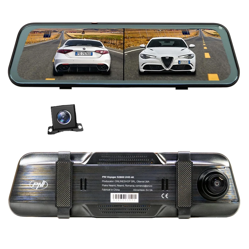 PNI Voyager S2800 UHD 4K 170° car DVR camera built into the rearview mirror, 9.66 inch, IPS touchscreen, parking monitoring