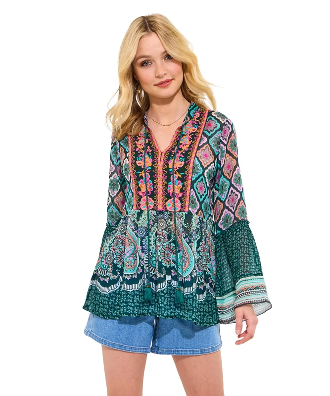 Joe Browns Women's Floral Geometric Boho Tunic Top Blouse, Green, 12
