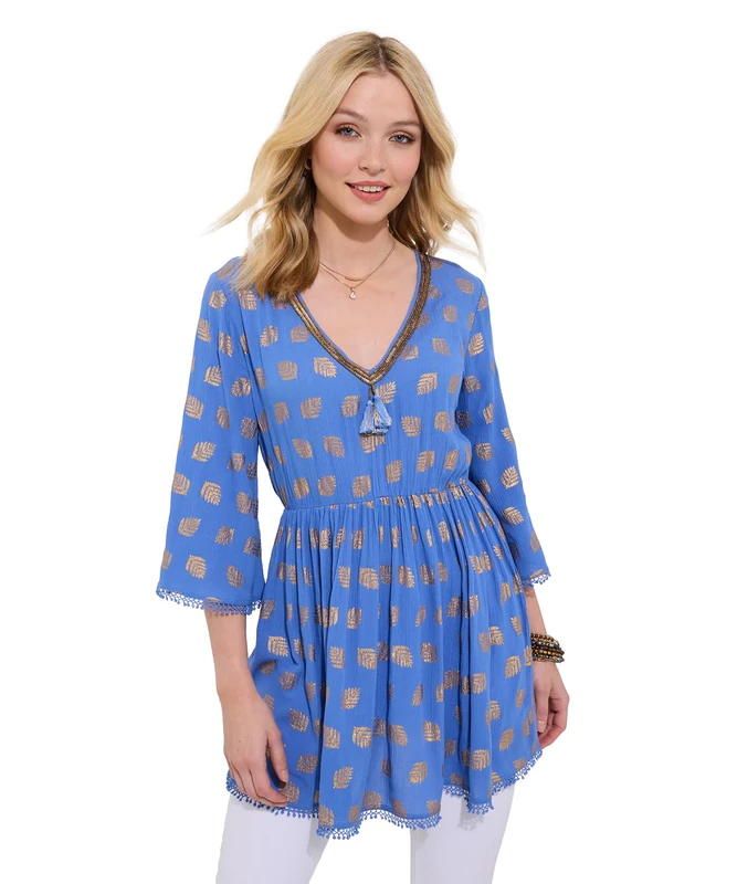 Joe Browns Women's Fashion Metallic Detail Shimmering Embroidered Tunic, Regular Fit, Blue, UK 12