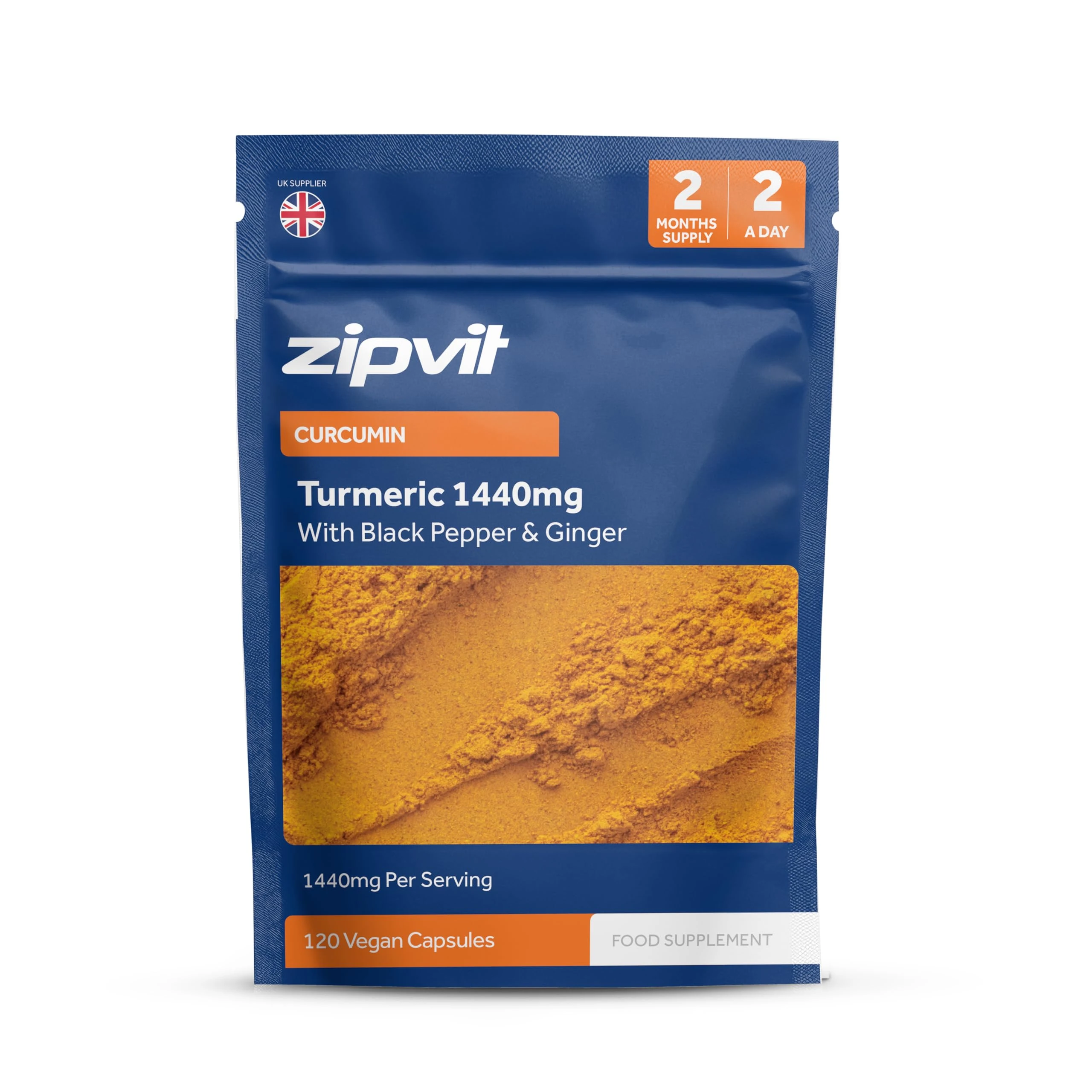 Zipvit Organic Turmeric Curcumin 1440mg with Organic Black Pepper and Ginger Root, 120 Vegan Capsules, 2-Month Supply, Soil Association Certified, High Strength Turmeric Supplement