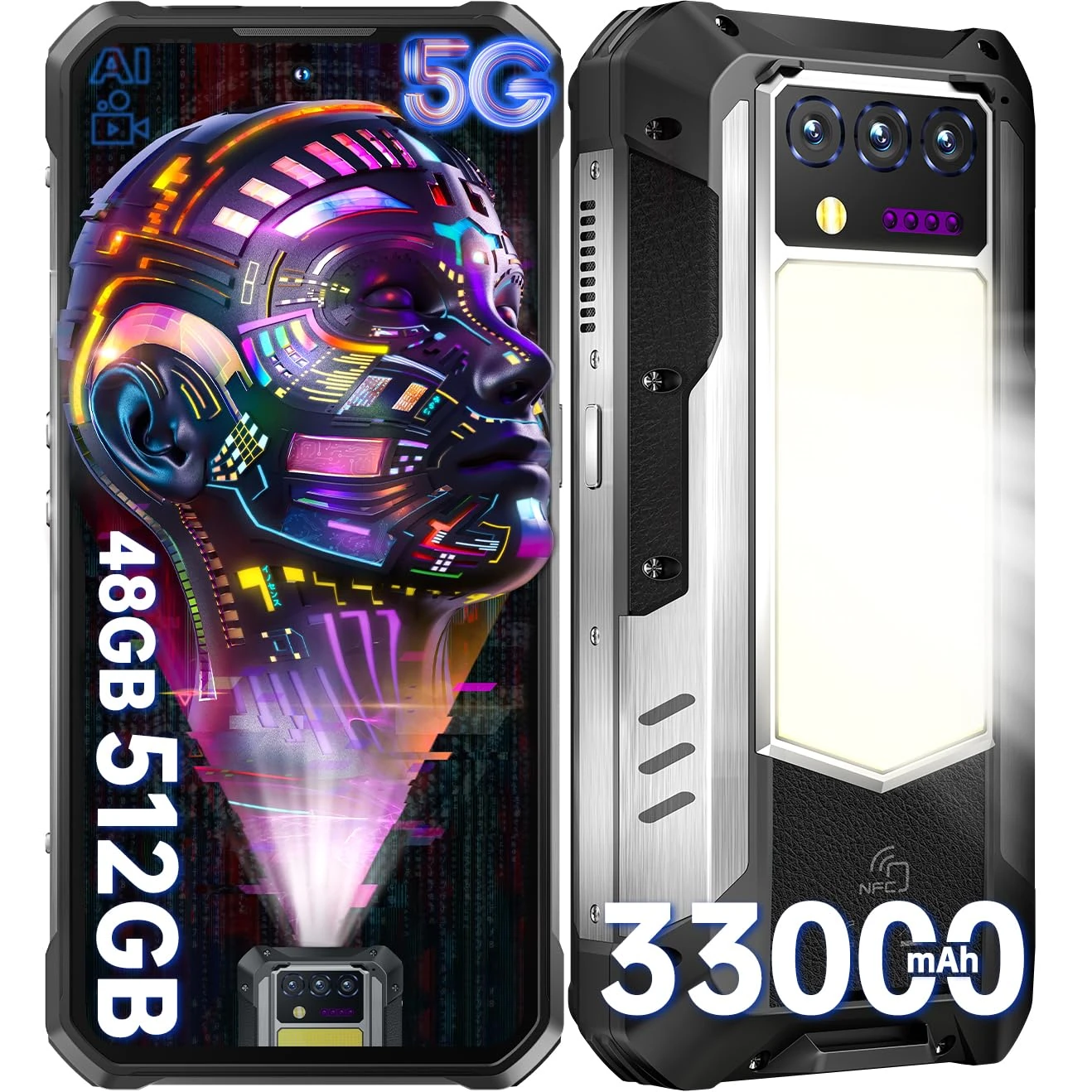 OUKITEL WP100 TITAN Rugged Smartphone 5G - 33000mAh 66W Battery, Android 14 Phone 512GB ROM+48GB RAM, 200MP+32MP Camera, 6.8" FHD 120Hz Display, Built-in Projector & Camping Light 1200LM,OTG/NFC/GPS