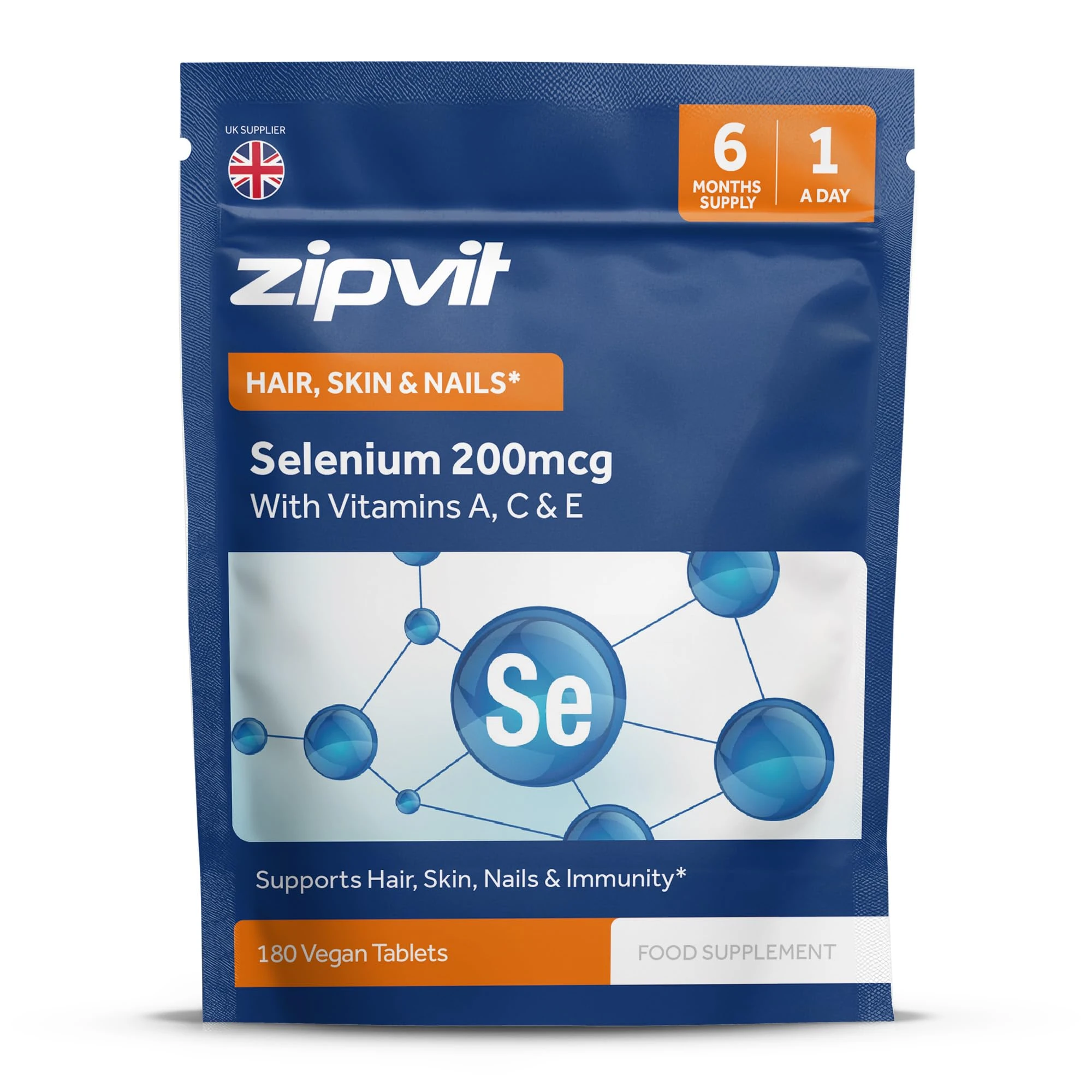 Zipvit Selenium 200mcg with Vitamins A, C, E. 180 Vegan Tablets. Supports Normal Thyroid, Skin, Hair & Nails, Immune System, and Antioxidant Protection. 6 Month Supply.