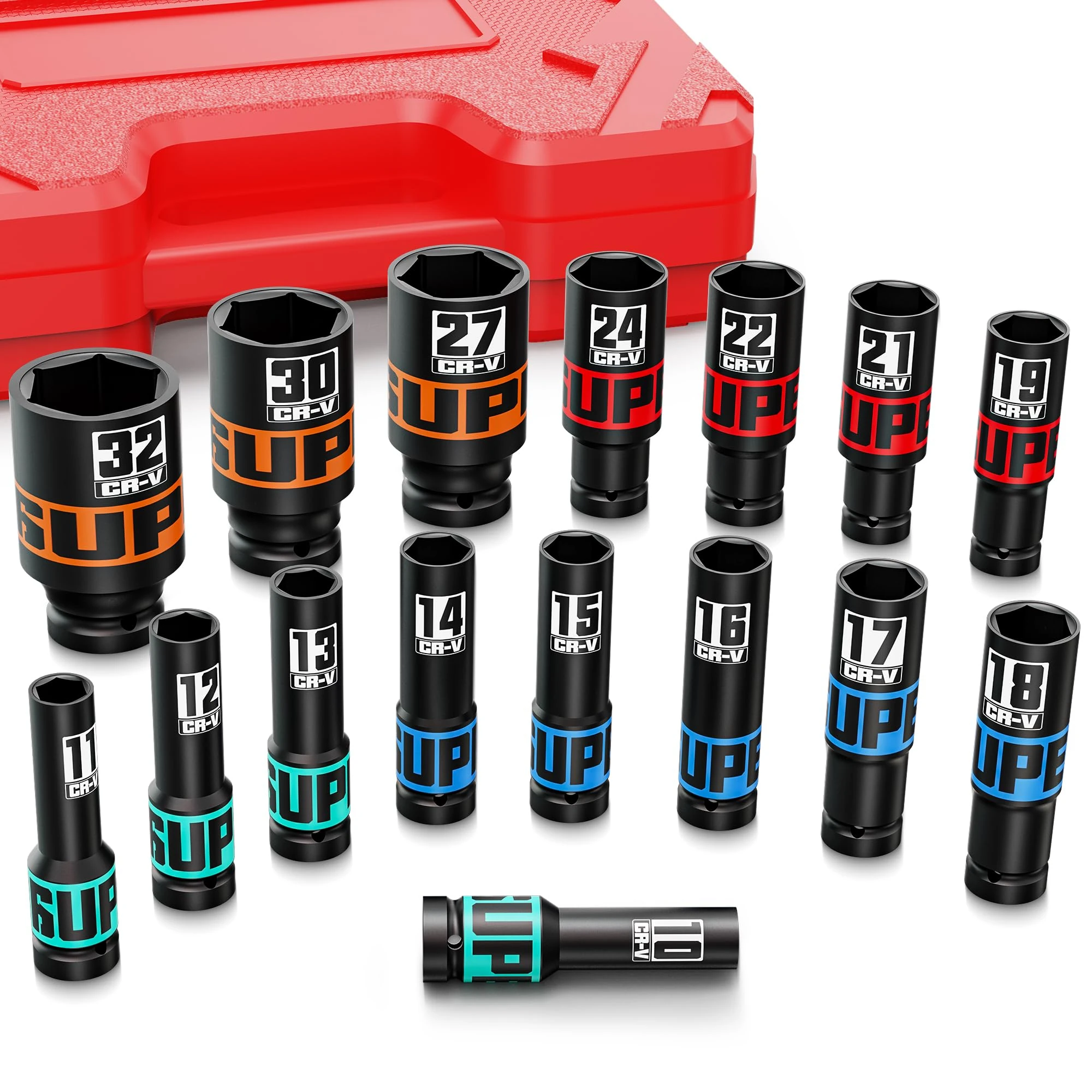 Aurlloct 16Pcs 1/2" Drive Impact Socket Set, 10-32 mm Hex Long Socket Set, Repair Automotive Truck Tractor Engine Maintenance