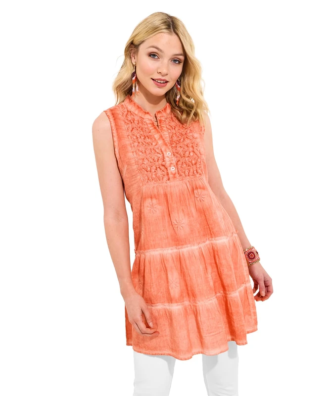 Joe Browns Women's Collared Button-Front Tiered Tunic Blouse, Orange, 12