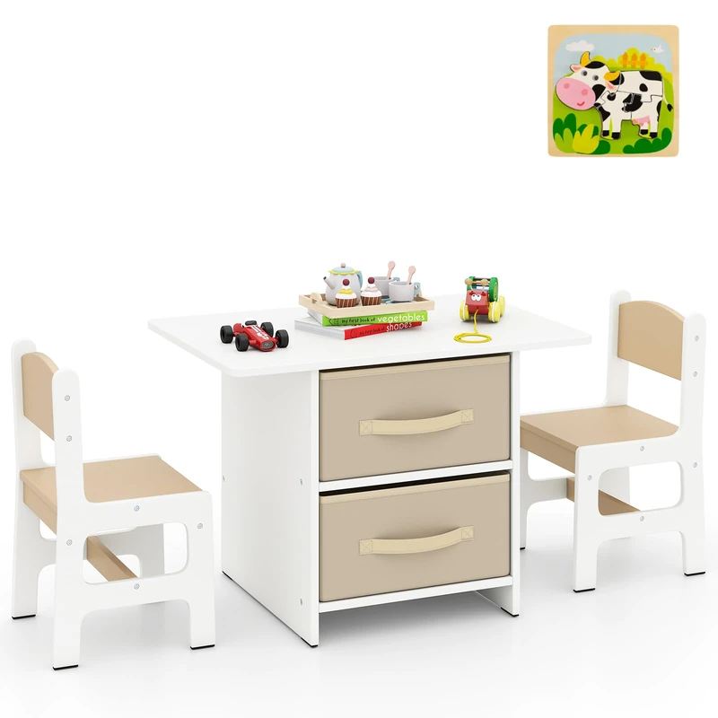 GYMAX Kids Table and Chairs Set, Children Activity Desk with 2 Chairs, 2 Removable Drawers & Jigsaw Puzzle, Wooden Toddler Table Chair Set for Boys Girls (Beige+White)
