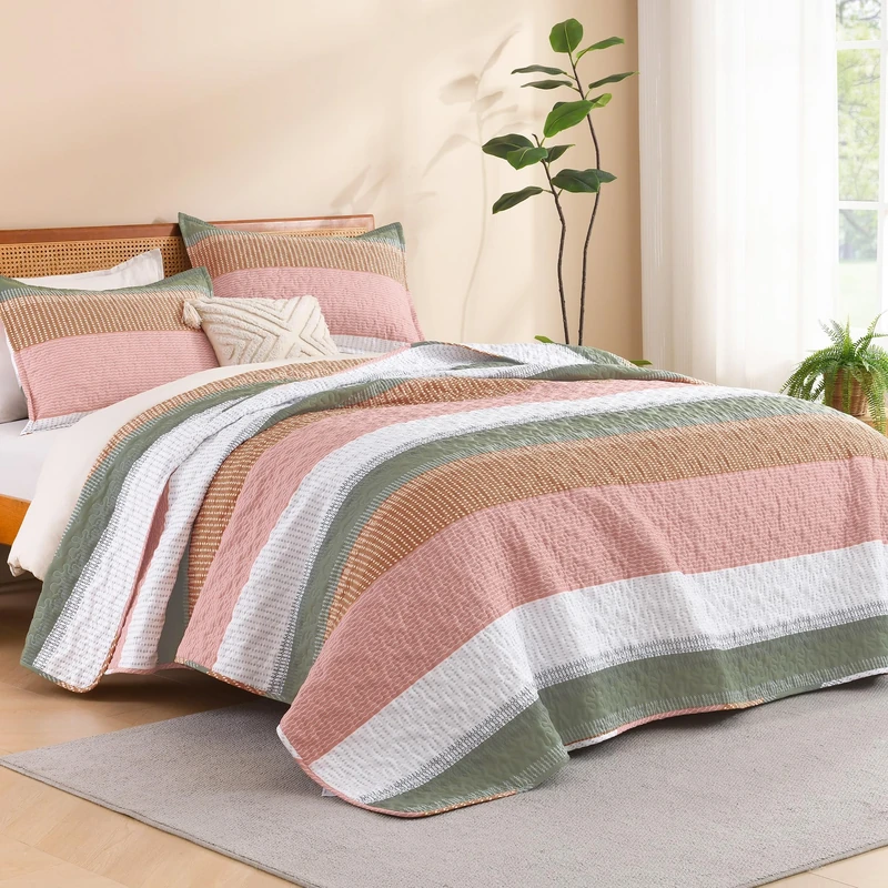 Litanika King Size Quilt, 3 Pcs Pink and Green Stripe Bedding Set