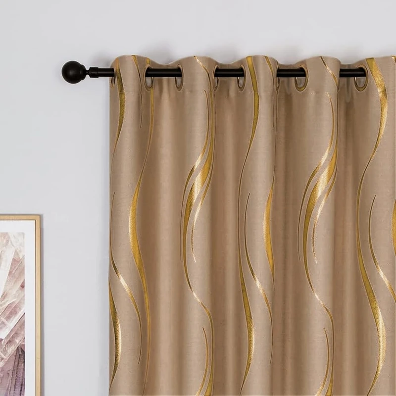 MYRU Blackout Curtains, Luxury Striped Design in Light Brown and Gold, for Bedroom and Living Room, 2 Panels 54x106 Inch
