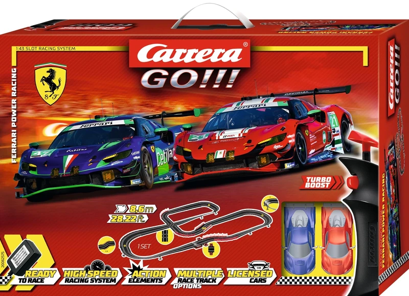 Carrera GO!!! 20062575UK Ferrari Power Racing Race Track Set 1:43 Scale 8.6 Metres With Licensed Ferrari 296 GT3 Cars Slot Cars Suitable from 6 Years+