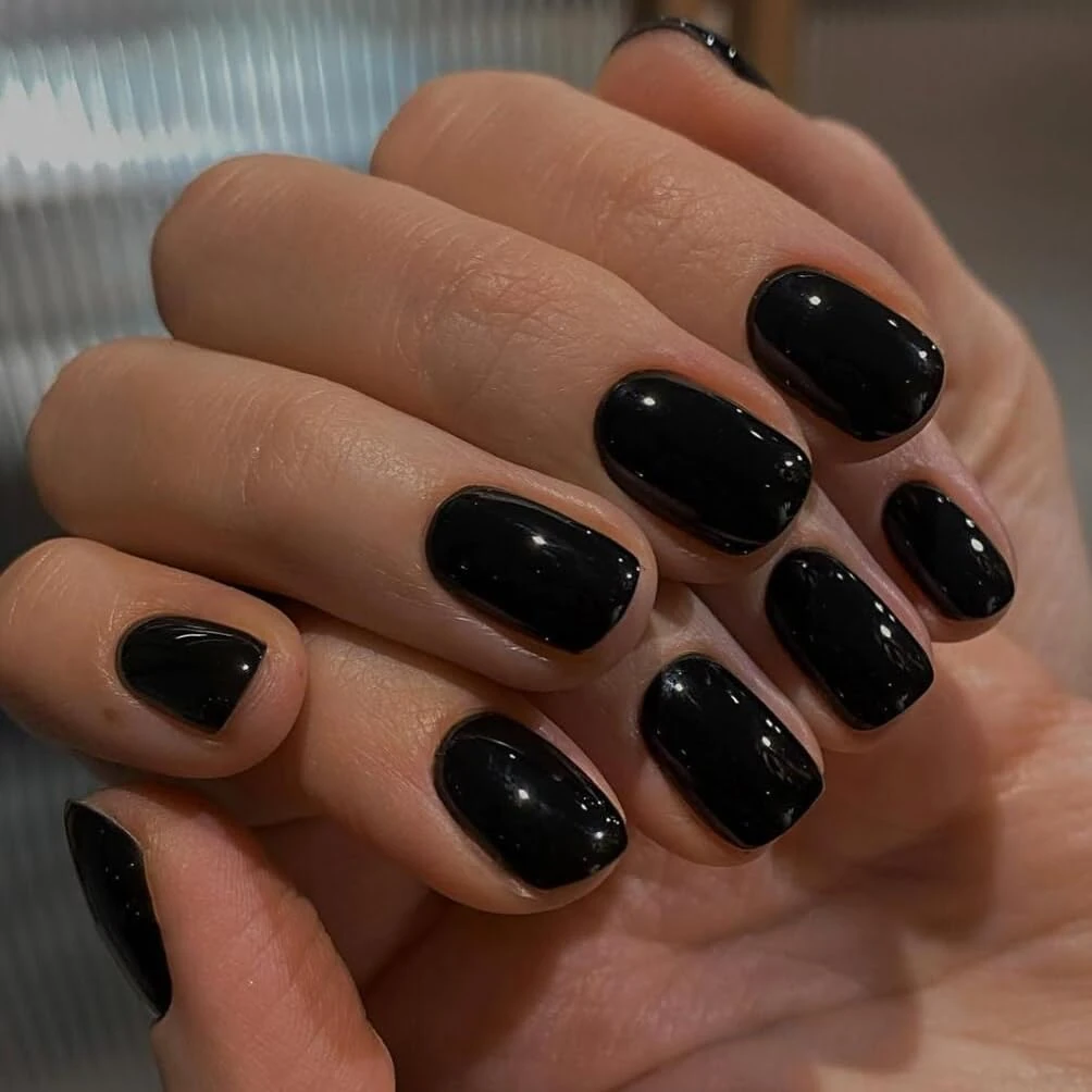 SXVME 48 Pcs Black Press on Nails Short Square Acrylic False Nails Short Coffin Natural Fake Nail Set Elegant Solid Color Full Cover Glossy Gel Stick on Nails for Women Daily Wear