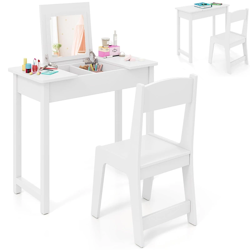 GYMAX Kids Vanity Table and Chair, 2 in 1 Children Makeup Desk with Flip Top Mirror, Hidden Storage Space and Anti-toppling Device, Wooden Girls Dressing Tables Set for 3 Years Old+ (White) - Image 1