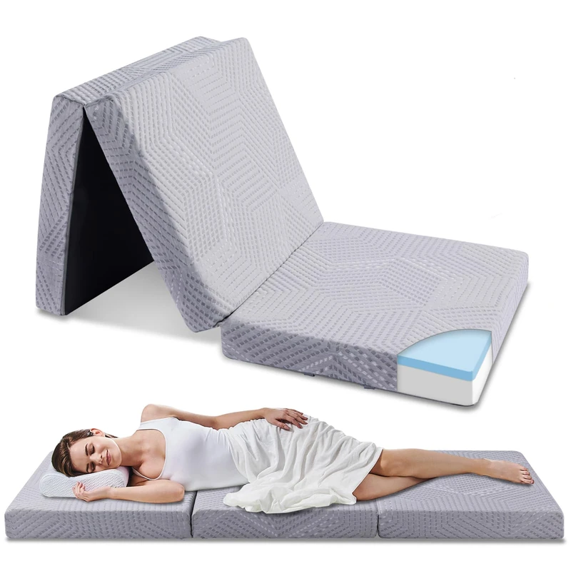 Ego Home Folding Mattress, 65 x 196 cm, Height 10 cm, H3 Hardness, 3 Parts, Memory Foam Foldable, for Travel, Camping, Floor, Guest Bed