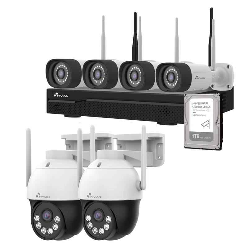 NIVIAN SuperHD Professional WiFi Surveillance Camera Kit with 6 IP Cameras, PTZ and Recorder with 10CH Hard Drive - for Home and Business - Night Vision, AI Human Detection, Two-Way Audio - Image 1