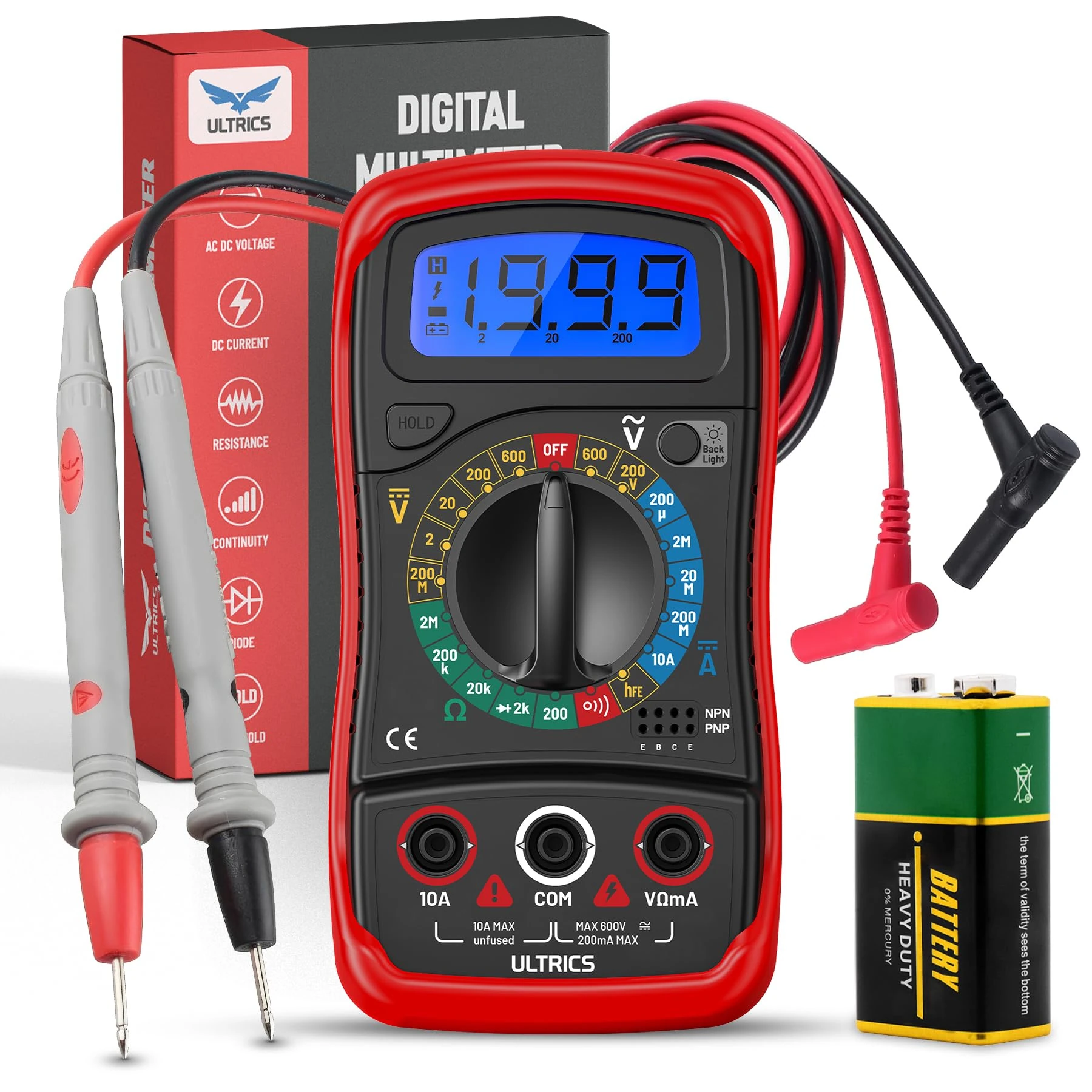 ULTRICS Digital Multimeter, Voltmeter Ammeter Ohmmeter with Test Leads Backlight LCD Display, Multi Tester Measures OHM AC DC Voltage Current Resistance Circuit Continuity Diodes Electric Tester