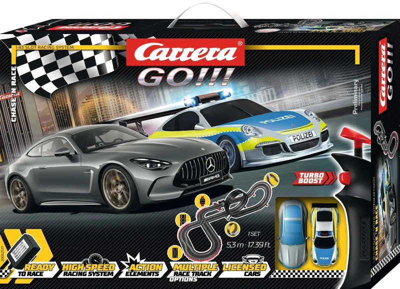 Carrera GO!!! 20062577UK Chase 'n Race1:43 Scale, 5.3 Metres, With Porsche 911 GT3 Polize & Mercedes-AMG GT 63 - Selenite grey, Suitable from 6 Years+
