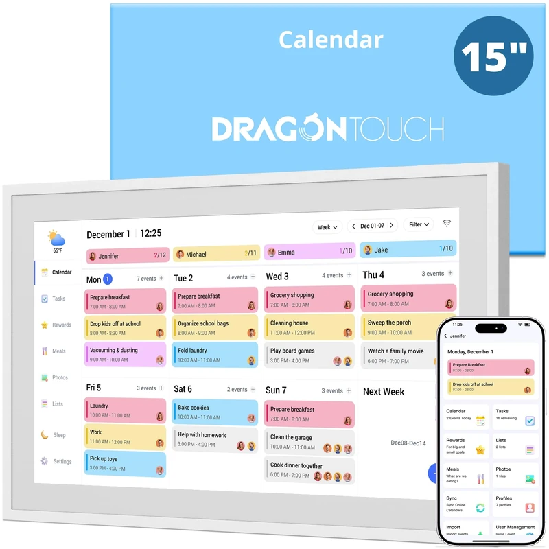 Dragon Touch Calendar, 15.6" Digital Calendar 2026 Family Wall Planner, 1080P Full HD Interactive Touchscreen, Smart Chore Chart and Home Organization, Gift for Busy Families Scheduling, UK Adapter