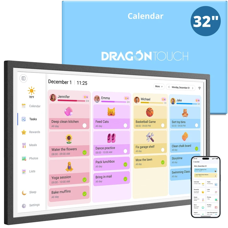 Dragon Touch Calendar,32" Digital Calendar 2025 Family Wall Planner, 1080P Full HD Interactive Touchscreen, Smart Chore Chart and Home Organization, Gift for Busy Families Scheduling Black