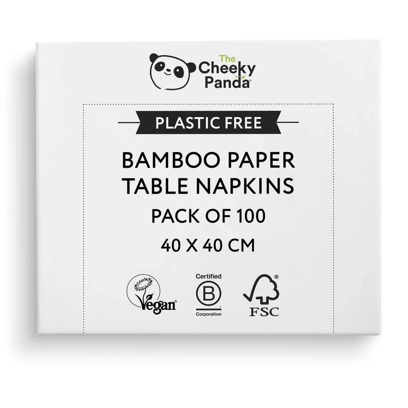 The Cheeky Panda Bamboo Large Paper Napkins | Pack of 100 White Napkins Disposable | 40 x 40cm | 2 Ply Paper Serviettes