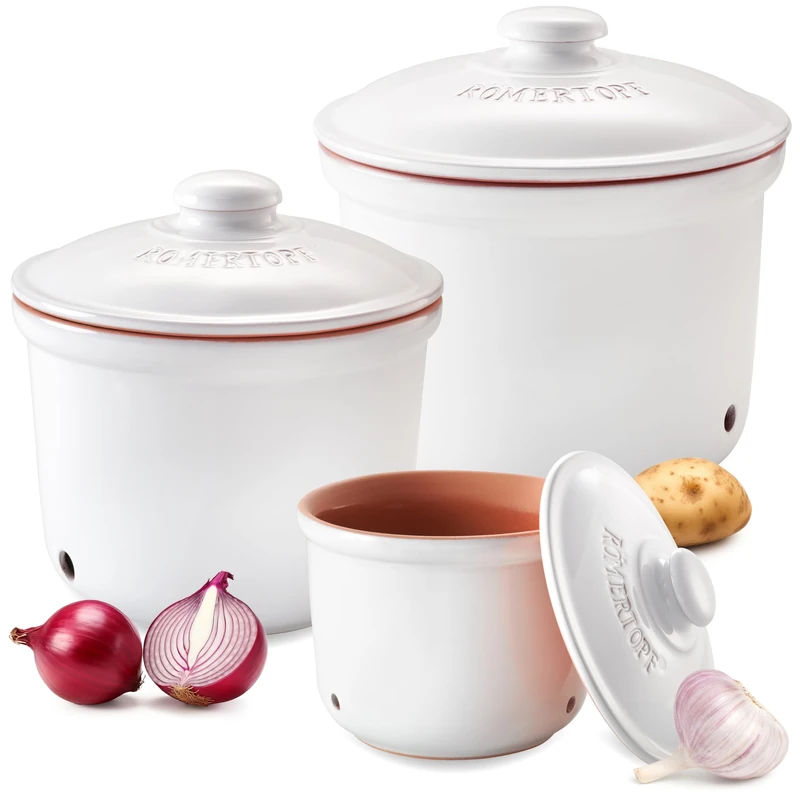 Römertopf Fresh Pot Set of 3 - Garlic, Onion and Potato Storage Box Ceramic - Breathable Clay Keeps Vegetables Fresh Longer - White