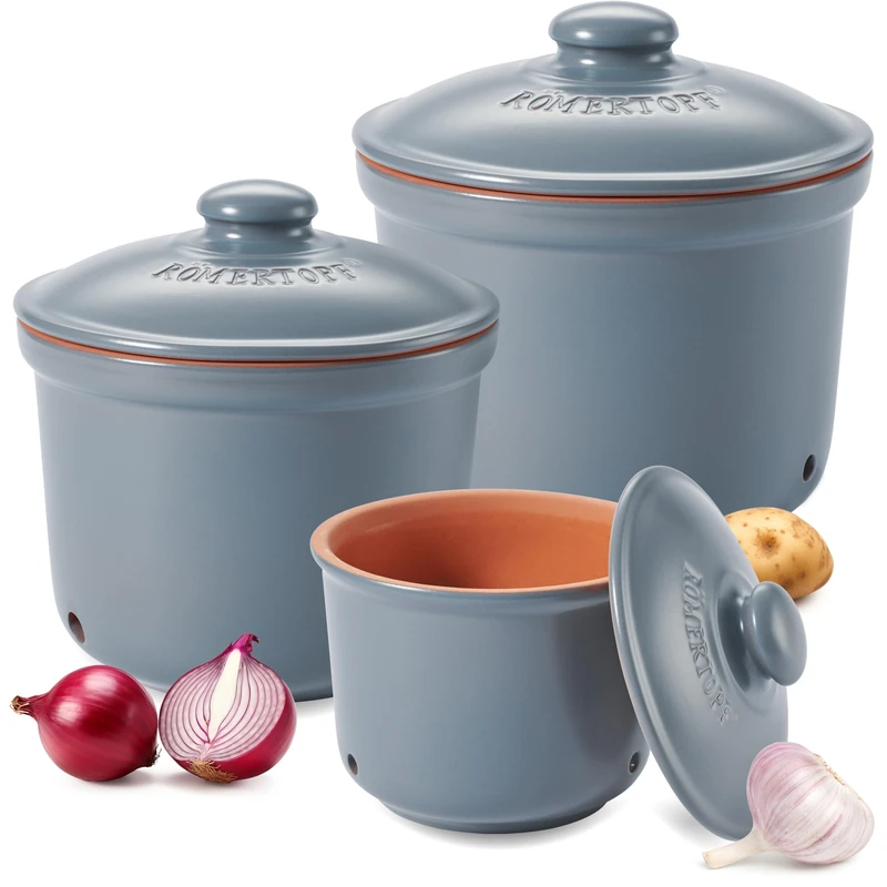 Romertopf Fresh Pot Set of 3 - Garlic, Onion and Potato Storage Box Ceramic - Breathable Clay Keeps Vegetables Fresh Longer - Blue/Grey