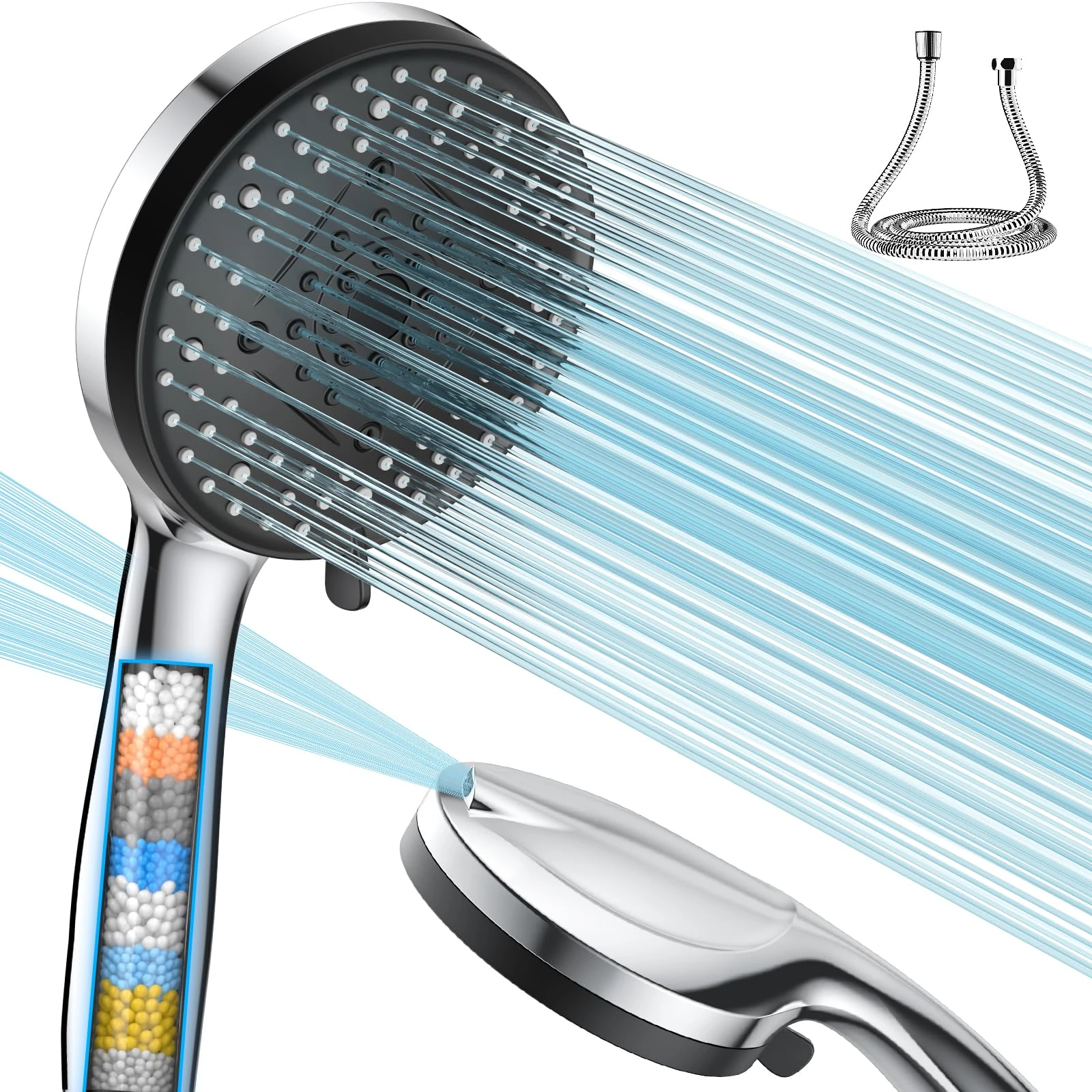 VOXON Hard Water Filter Shower Head and Hose with 20 Stage Filter, 10 Spray Jet Modes High Pressure Bathroom Shower Head, Large Powerful Handheld Showerhead for Residual Chlorine Remove
