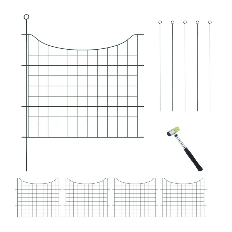 Relaxdays Garden Fence, 5 Panels, HxW: 65x75 cm Each, Arch, Pond Border, Flowerbed Edging, Push-In, Metal, Dark Green, Steel, Rubber, Iron