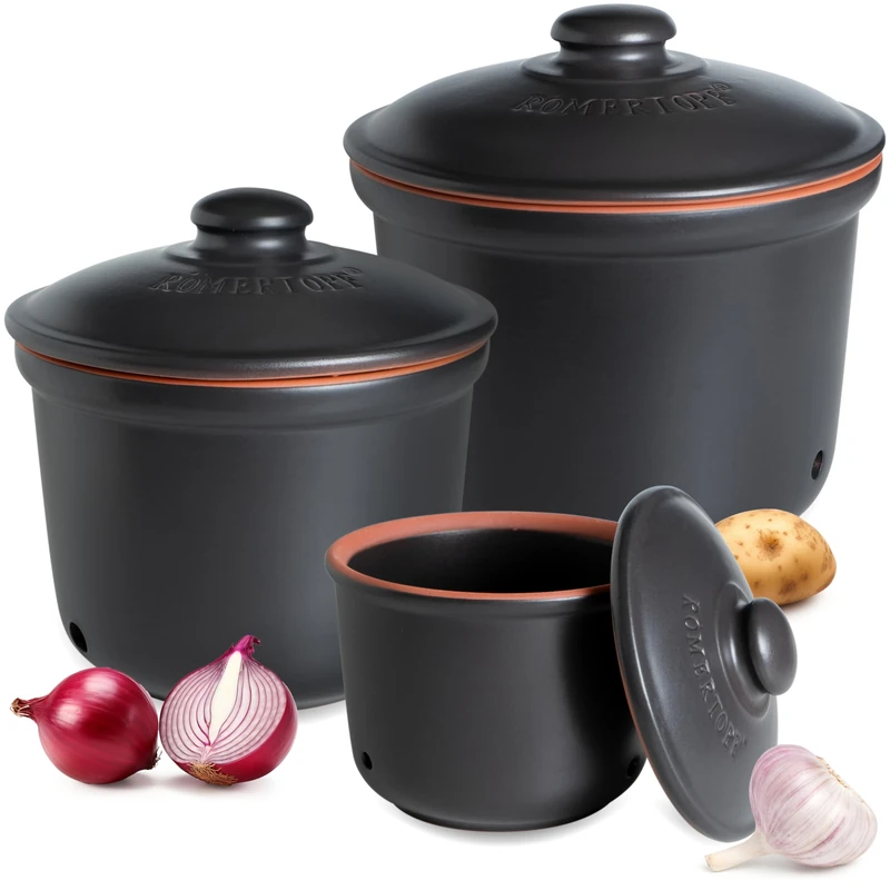 Römertopf Fresh Pot Set of 3 - Garlic, Onion and Potato Storage Box Ceramic - Breathable Clay Keeps Vegetables Fresh Longer - Black