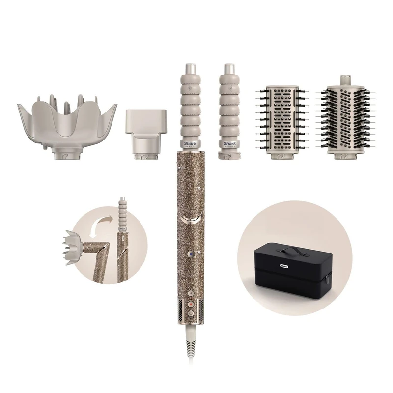 Shark FlexStyle Sparkle Limited Edition Champagne Diamond 5-in-1 Air Styler & Hair Dryer: Auto-Wrap Curlers, Paddle Brush, Oval Brush, Concentrator, Diffuser, Storage Case, No Heat Damage HD446JSUK