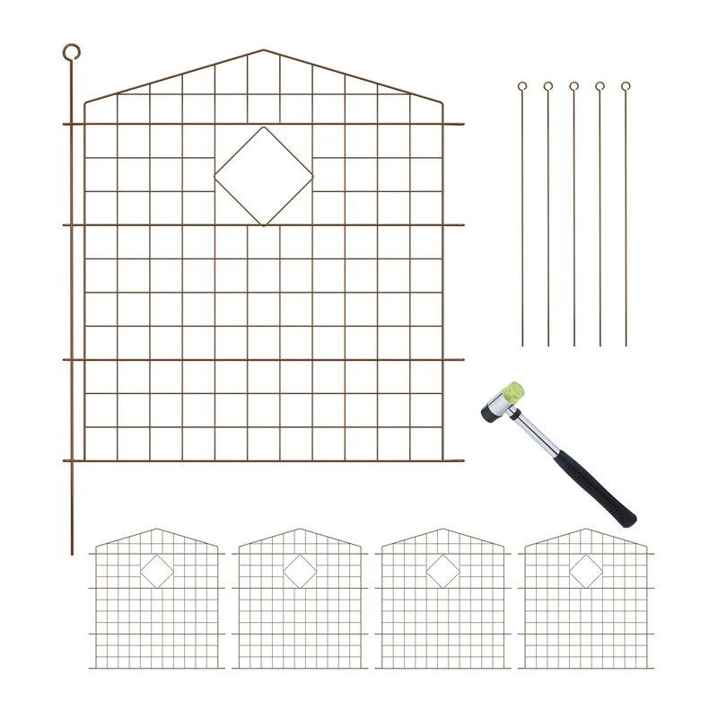 Relaxdays Garden Fence, 5 Panels, HxW: 78x75 cm Each, Arch, Pond Border, Flowerbed Edging, Push-In, Metal, Brown, Rubber, Iron, Steel
