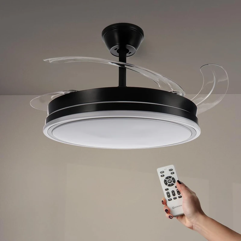 M Ledme - Ceiling Fan with Black Olga LED Light, Remote Control, DC Motor, 6 Speeds, Quiet, Retractable Blades, Summer-Winter Function, Timer, CCT
