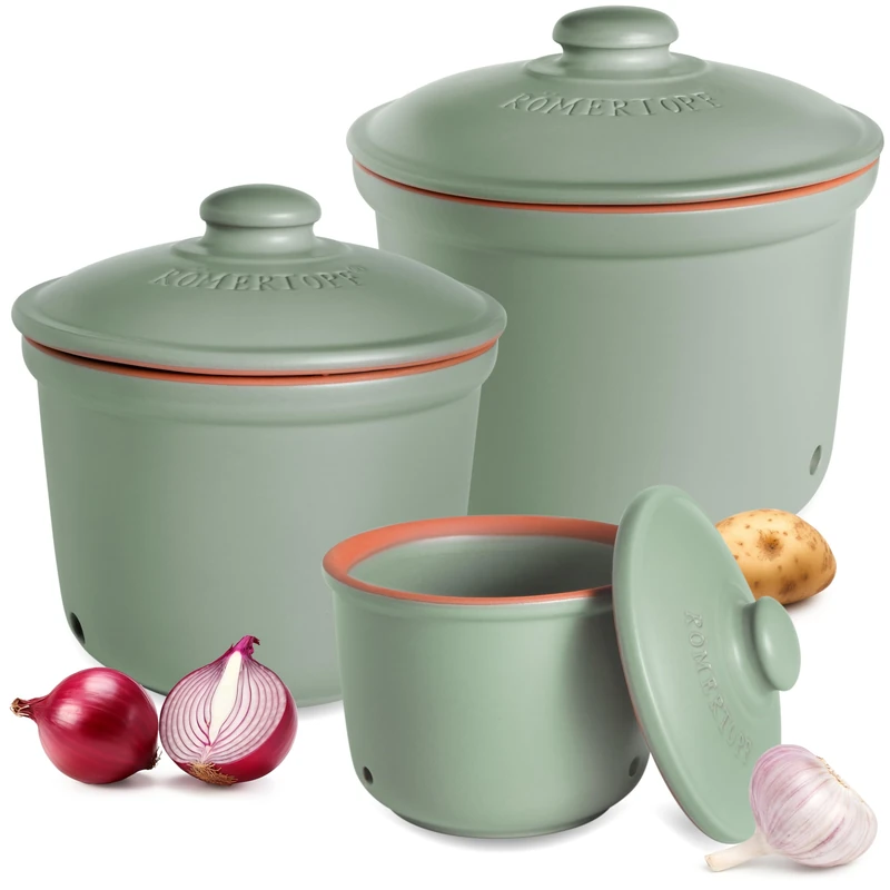 Römertopf Fresh Pot Set of 3 - Garlic, Onion and Potato Storage Box Ceramic - Breathable Clay Keeps Vegetables Fresh Longer - Green