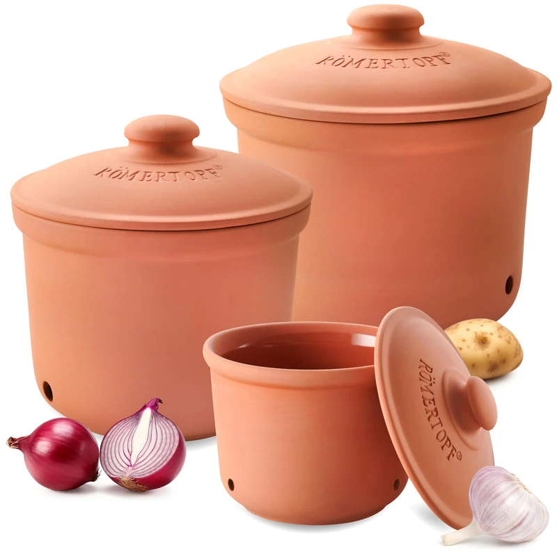 Römertopf Fresh Pot Set of 3 - Garlic, Onion and Potato Storage Box Ceramic - Breathable Clay Keeps Vegetables Fresh Longer - Terracotta