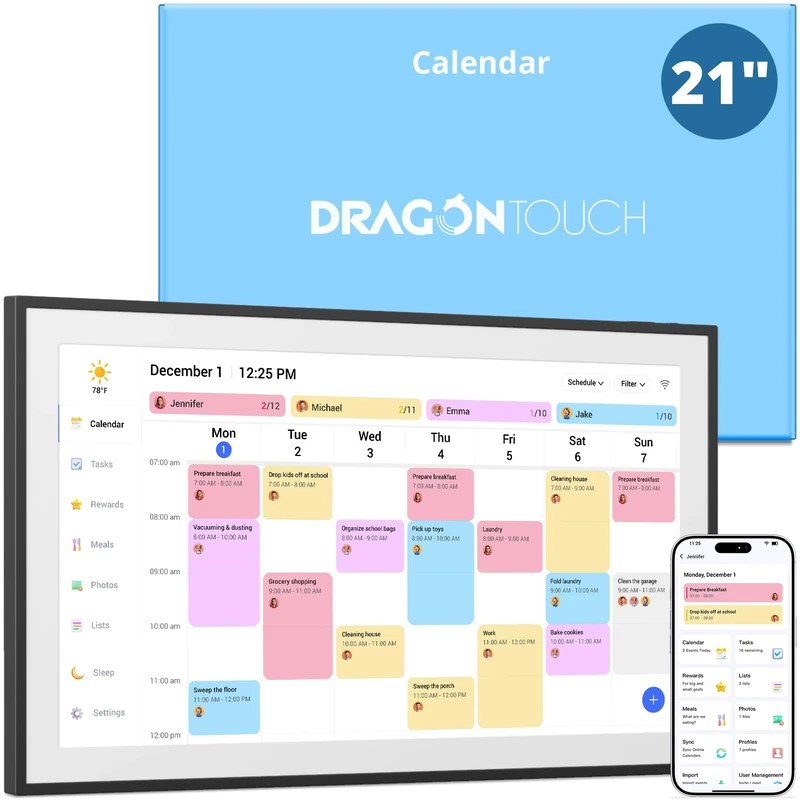 Dragon Touch Calendar, 21.5" Digital Calendar 2026 Family Wall Planner, 64GB1080P Full HD Interactive Touchscreen, Smart Chore Chart and Home Organization, Gift for Busy Families Scheduling Black