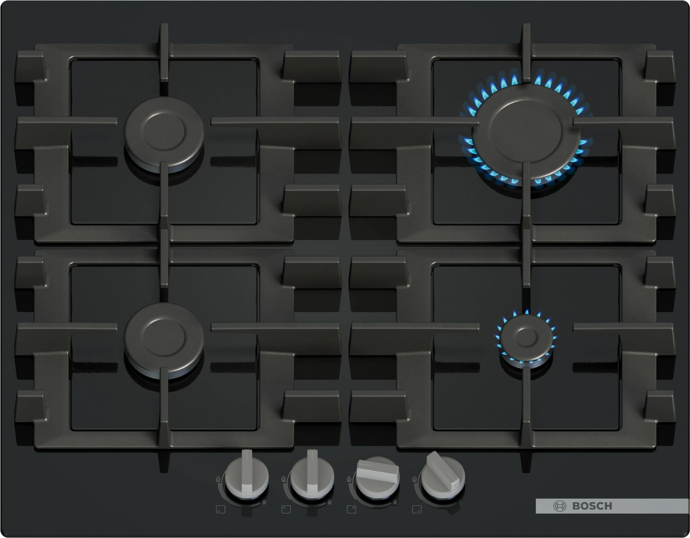 Bosch, Series 4, PNP6B6K40, 60cm Gas Hob with 4 burners, Front control, 4 Dishwasher suitable cast iron pan supports, new standard sword dials, Tempered Glass