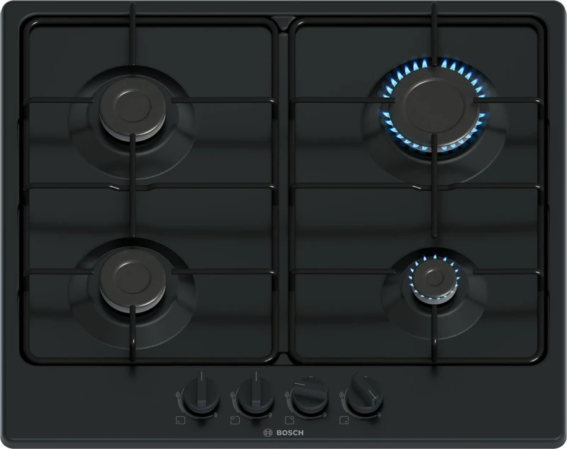 Bosch PGP6B6K80 Series 4, Gas Hob, Jumper Knobs: Ergonomic Control, 4 Burners, Black, 60 cm