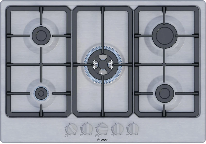 Bosch, Series 4, PGQ7B5K90 75cm Gas Hob with 5 burners, 3.3kW Wok, 3 Dishwasher suitable cast iron pan supports, new standard sword dials, Star layout