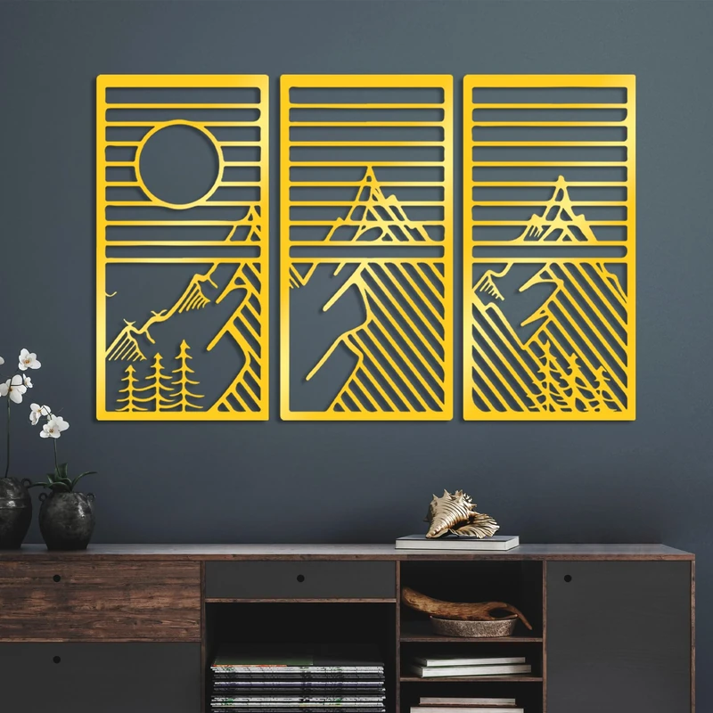 Elegant Gold Decorative Metal Wall Accessory (3 Pieces), 80 x 40 cm, 1.5 mm Thickness, Stylish Home Decor for Living Room & Office, Durable Metal Design