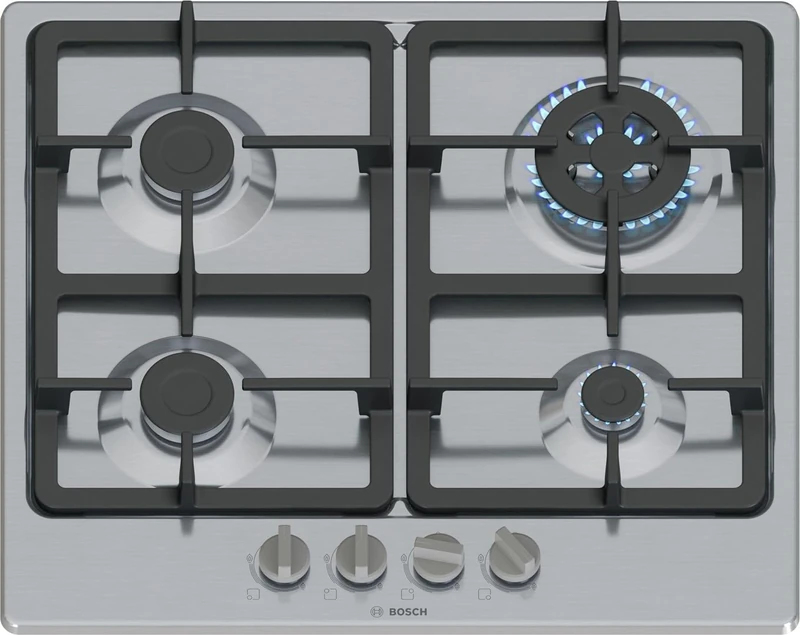 Bosch PGH6B5K90 Series 4 Gas Hob, Wok Burner: Power up to 3.3 Kw, Cast Iron Grills, Steel, 60 cm, 3 Zones + Wok