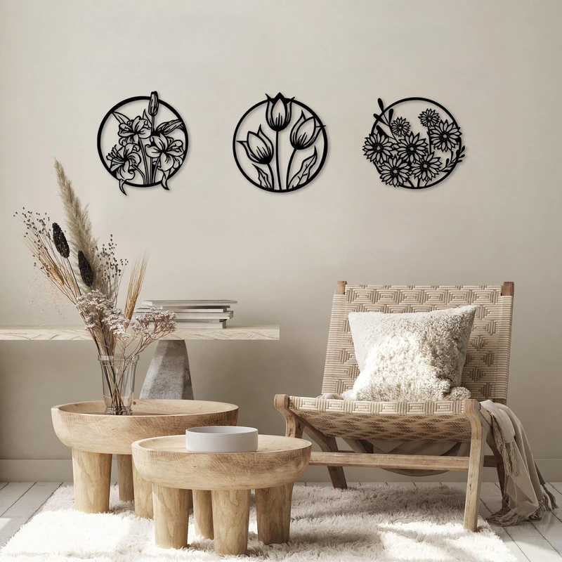 Stylish Black Decorative Metal Wall Accessory (3 Pieces), 30 x 34 cm, 100% Metal, 1.5 mm Thick, Perfect for Modern Home Decor & Gallery Walls