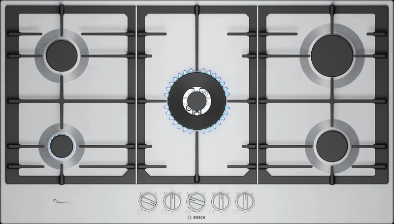 Bosch PCR9A5I90 Series 6 Gas Hob, FlameSelect, Removable Magnetic Knobs, WOK, Cast Iron Grills, Steel, 90 cm